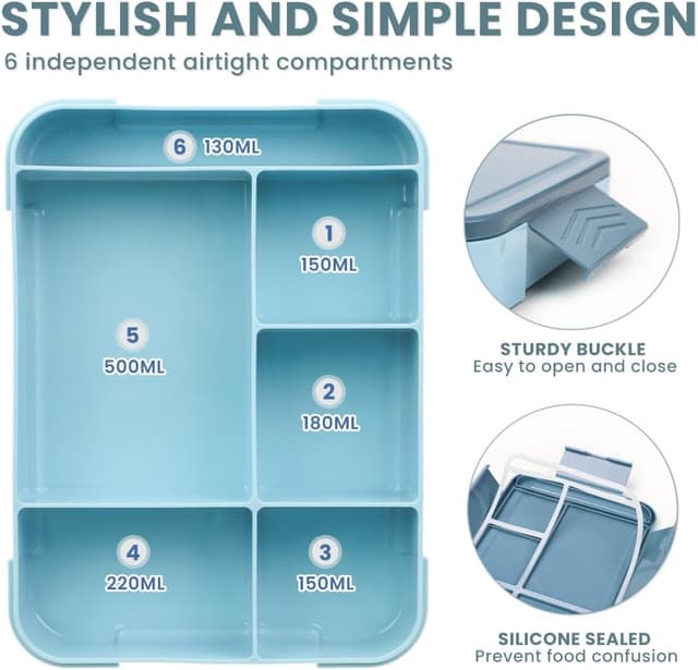 Thumbnail 3 de Bugucat Kinder-Brotdose mit 6 Fächern und Besteck-Set, 1.330 ml – auslaufsicheres Bento für Mädchen & Jungen