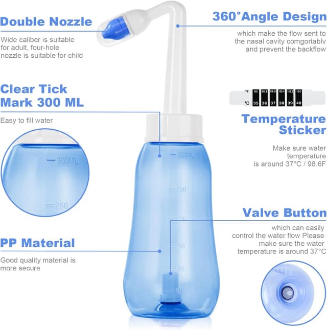Detalle de URAQT Neti Pot 300 ml: kit per lavaggio nasale con 20 pacchetti di sale e 10 termometri