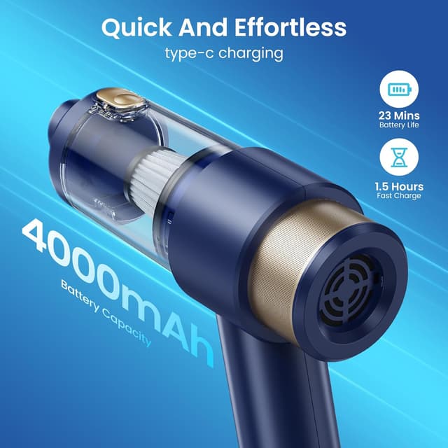 Detalle de Mecanto Mecanto Car Vacuum Handheld Vacuum Cleaner (Blue) — 15000PA Suction, HEPA Filter, Air Duster & Blower
