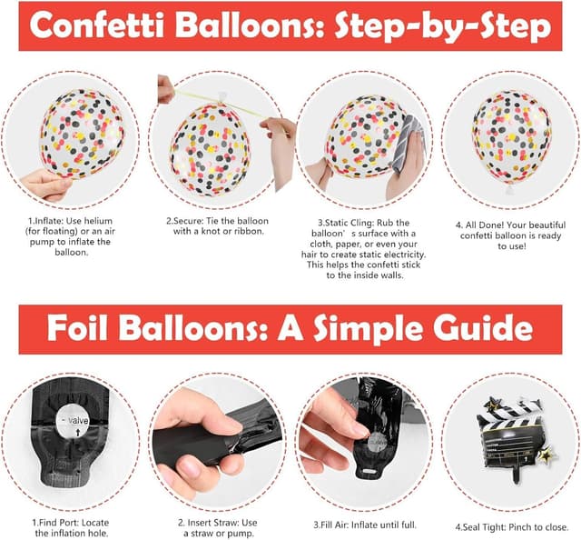 Detalle de Movie Night Party Balloons (35 pcs) Red, Black & Gold Confetti with Film Clapboard & Pop Corn Foil Balloon