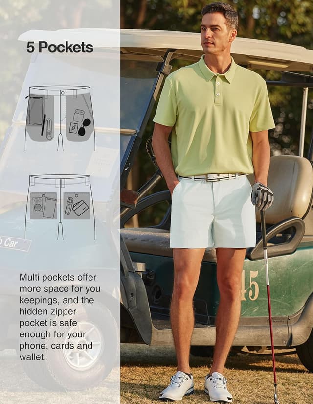 Detalle de PULI Golf Shorts for Men (Relaxed Fit) — Stretch, Quick-Dry, Lightweight Waterproof 5-Inch Inseam