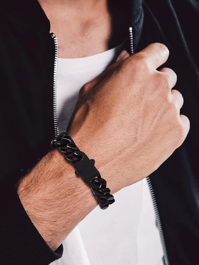 Detalle de Bandmax Herren-Armbänder aus Edelstahl – Panzerarmband im Cuban-/Miami-Glieder-Design (5/7/9/12 mm) in Silber/Schwarz/Gold