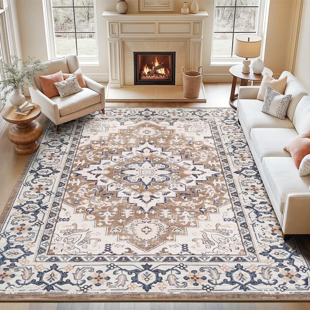 Detalle de Lofus 8x10 Washable Vintage Boho Area Rug (Low Pile, Non-Slip) — Floral Brown