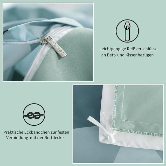 Detalle de RUIKASI Bettwäsche 135x200 grün, 4-teilig (2 Bettbezüge + 2 Kissenbezüge) aus Mikrofaser mit Reißverschluss