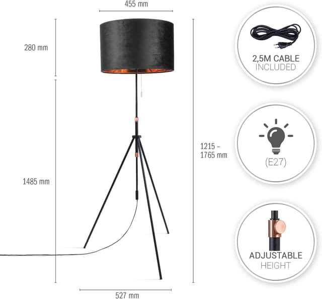 Detalle de Paco Home lampadaire de salon réglable (E27) avec abat-jour en velours, hauteur 121,5 à 176,5 cm