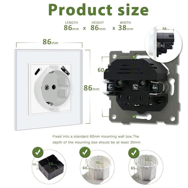 Detalle de BSEED Schuko Unterputzsteckdose mit Dual-USB und USB-C (16 A) – Typ C, 86 mm, weiß