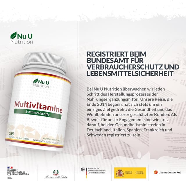 Detalle 2 de Nu U Nutrition Multivitamin & Mineralstoffe A–Z – 365 vegetarische Tabletten (A–Z, 25 Nährstoffe pro Tablette)