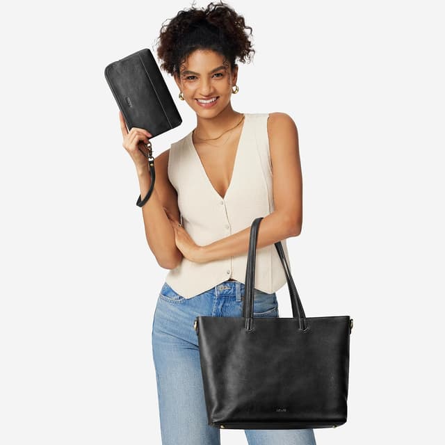 Detalle 2 de S-ZONE Women’s leather tote crossbody bag set with laptop sleeve (large tote + wrist wallet)