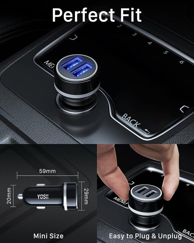 Detalle de YOSH 24W Ultra-Compact Dual USB Car Charger (2.4A/24W) with Independent Power