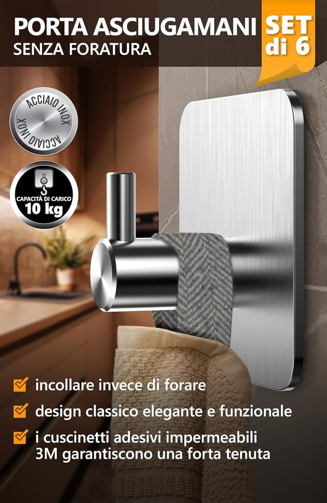 Detalle 2 de 4smile ganci adesivi in acciaio inox SET 6 porta asciugamani antiruggine da parete (argento)