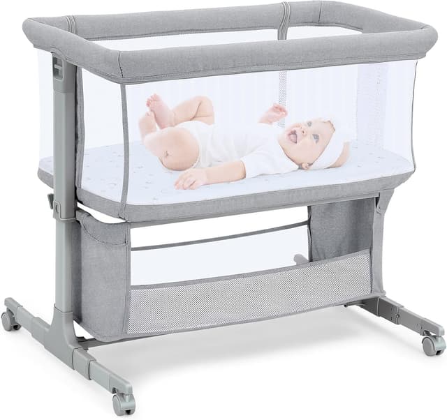 Detalle de Growaystory Beistellbett Baby (Co-Sleeper) mit Rädern, 7-fach höhenverstellbar – Hellgrau