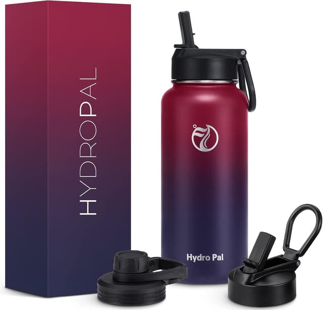 Detalle de HydroPal Edelstahl-Trinkflasche (500 ml bis 1,9 L) mit Strohhalm & 2 Deckeln, BPA-frei, kohlensäuregeeignet