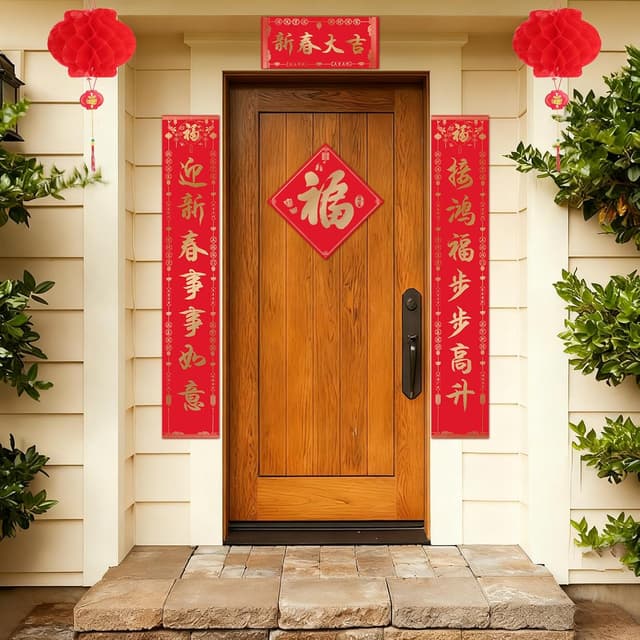 Detalle de Zidoley Chinese New Year Decorations 2025 (37-piece set) with couplets, red lanterns and window decals
