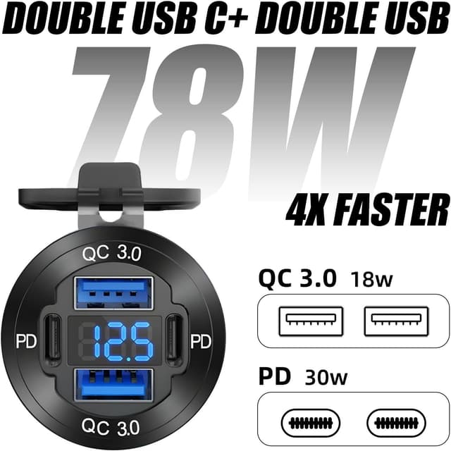 Detalle de HCGZHEN Upgraded 12V USB Charger (4 Ports) with LED Voltmeter — Aluminum Car Outlet, Pack of 2