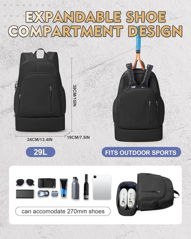 Detalle 1 de VENATIN Gym Rucksack für Damen mit Schuhfach, Nass-/Trockenfach und Laptopfach bis 15,6 Zoll (Schwarz)