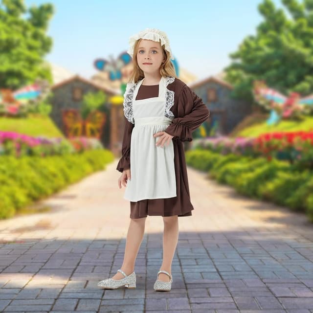 Detalle de Aomig Vestito da Cameriera Bambina in stile medievale (kit da 4 pezzi: abito, grembiule, bonnet e calzini)