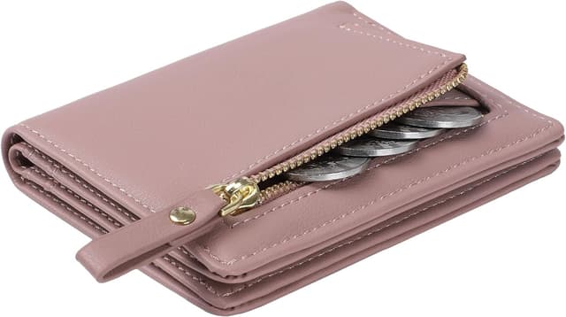 Detalle de RRANCharltu Damen Geldbörse klein aus Leder-Optik – Mini-Kurzgeldbeutel mit Reißverschluss, Dunkelrosa