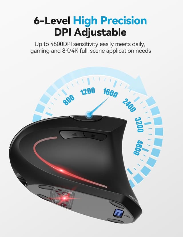 Detalle de TECKNET Ergonomic Vertical Mouse (Bluetooth Rechargeable, 6-button) — Right-handed, 4800 DPI, Silent clicks