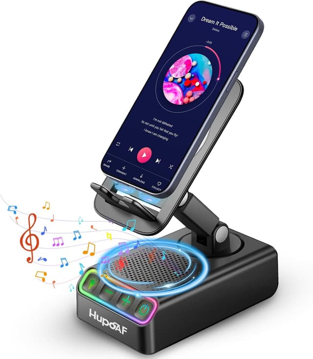 Detalle de Hupoaf Adjustable Cell Phone Stand with Wireless Induction Bluetooth Speaker and RGB Ambient Lighting