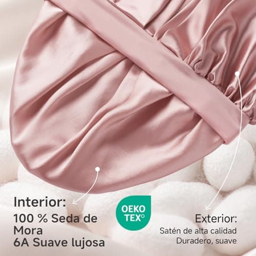 Detalle 2 de Umisleep Gorro de Seda para Dormir de Morera 100% 22 Momme (6A) doble capa, rosa