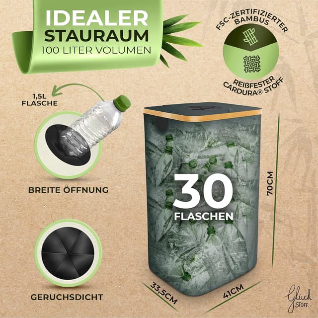 Detalle de Glückstoff Pfandflaschen Sammelbehälter (100 Liter) inkl. Tragetasche – geruchsdichte Pfandbehälter-Aufbewahrung