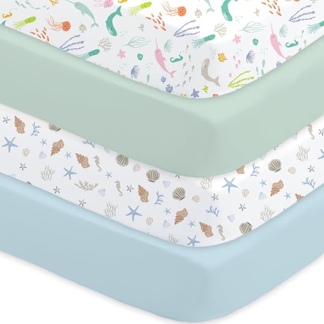 Detalle de Little Grape Land Spannbettlaken für Baby-/Kinderbett 60x120 cm (4er Set) – atmungsaktive Mikrofaser, OEKO-TEX, Meereswelt/Muschel