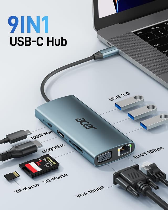 Detalle de Acer USB-C Hub Docking Station 9in1 mit 4K HDMI, VGA, USB 3.0, Gigabit-LAN, SD/ microSD und 100W PD