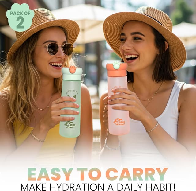 Detalle de AQUA HOMIE 2-pack 530ml motivational water bottles with paw lid (leakproof, BPA-free) – Green & Orange