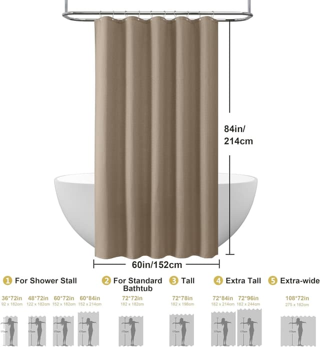 Detalle de Rideau de douche VANZAVANZU motif gaufre avec anneaux métalliques imperméable anti-moisissures (kaki) 152x214 cm