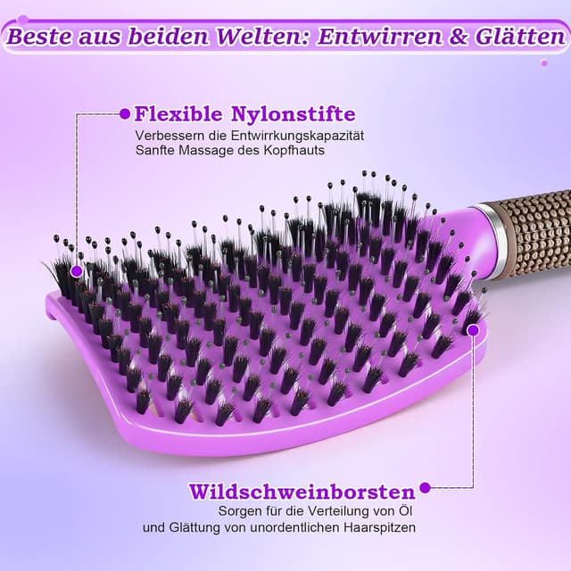 Detalle de Haarbürste ohne Ziepen – Wildschweinborsten Extensions-Bürste mit Aufhängeloch, lila