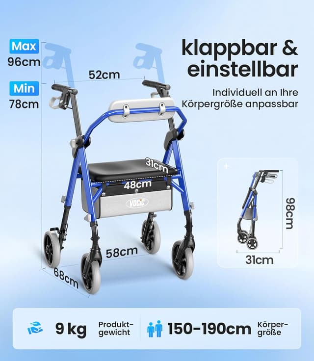 Thumbnail 6 de VOCIC Z11 Rollator faltbar mit Sitz (max. 172 kg) – schmal für die Wohnung, höhenverstellbar