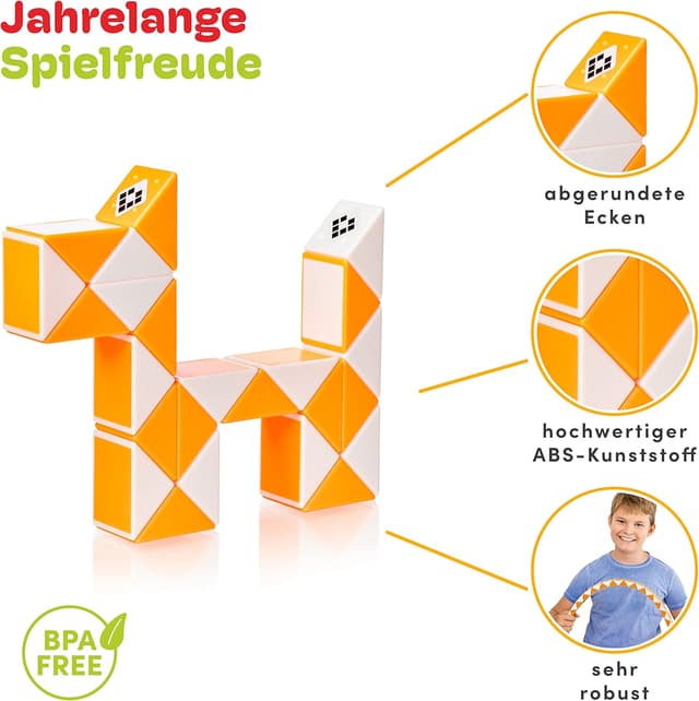 Detalle 2 de CUBIDI® Original Magic Snake – 24 Blöcke in Orange: Knobelspiel ohne Elektronik für Kinder & Erwachsene