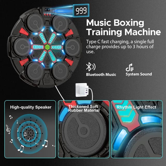 Detalle 2 de SZJJX Music Punching Machine for Kids & Adults – Bluetooth wall-mounted boxing trainer with gloves, rhythm lights and 2 player mode