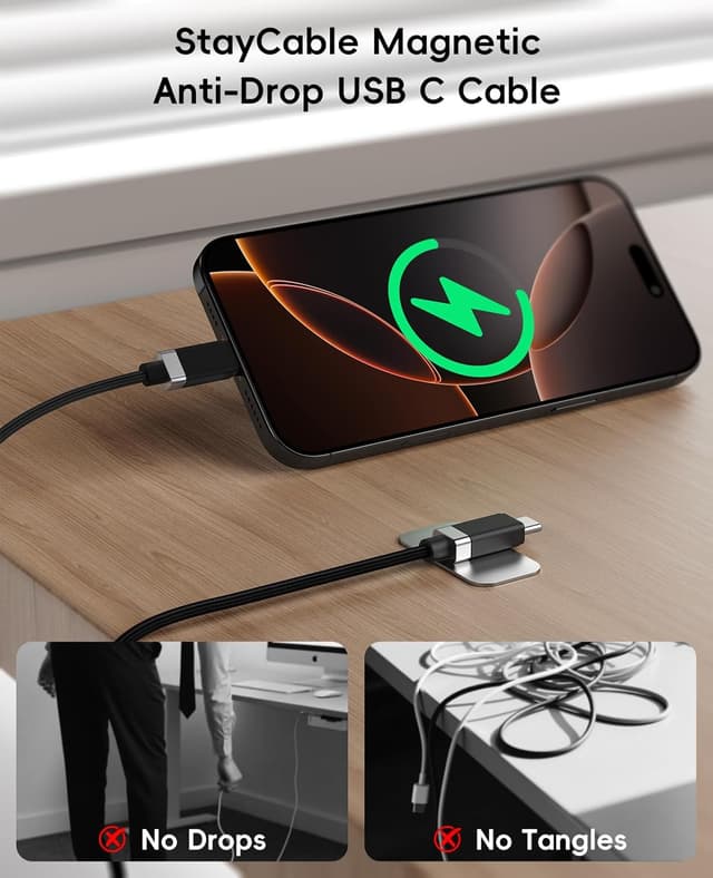 Detalle de Magtame 2-Pack StayCable Magnetic USB-A to USB-C Charging Cable (1.5m) – Anti-drop braided 3A fast charging