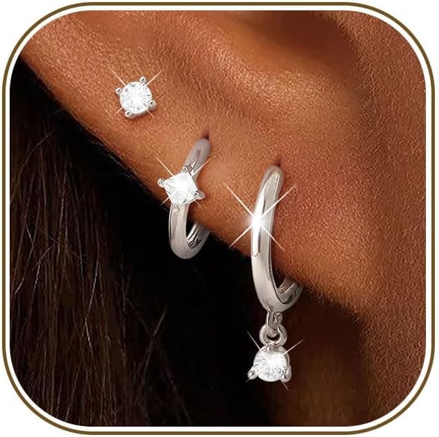 Detalle de ZNBOH pendientes triple juego plata 925 hipoalergénicos