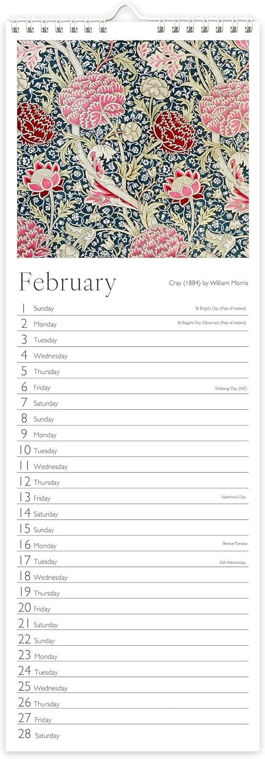 Detalle 2 de Calendario da parete sottile 2026 William Morris con anello metallico e stampe classiche
