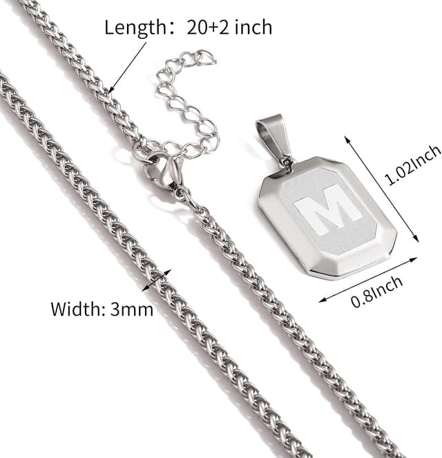 Detalle 2 de Miss Chipmunk Initial A–Z Halskette für Männer & Jungen – Edelstahl Square Letter Anhänger mit Weizenkette