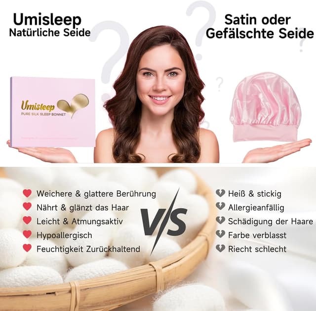 Detalle de Umisleep 22 Momme Schlafmütze aus 100% Maulbeerseide (doppelseidige Nachtmütze)