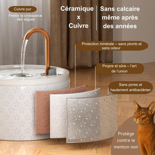 Detalle de Fontaine à eau pour chat MISFANS en céramique 2,1 L avec filtration triple et bec en cuivre