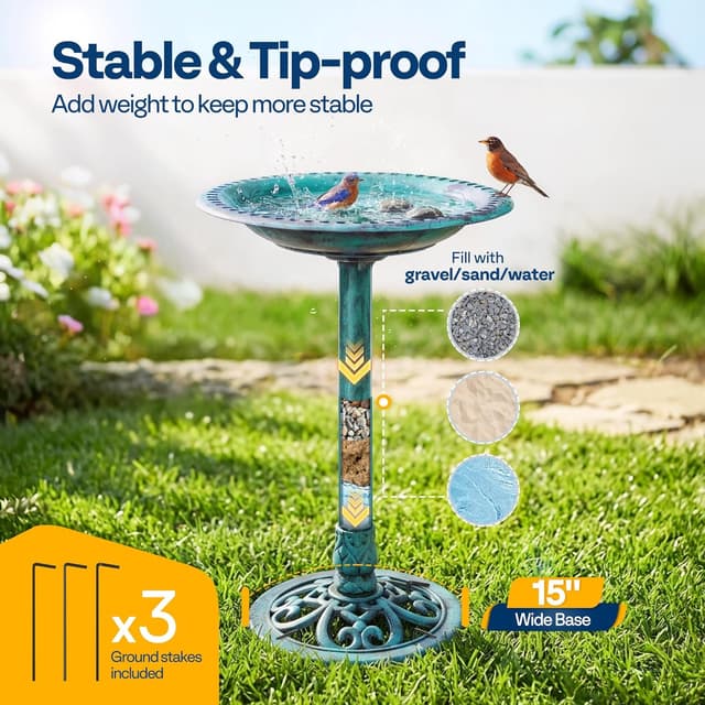 Detalle de VIVOHOME Garden Birdbath (71x50x50cm) in green with polyresin effect & 3 ground stakes