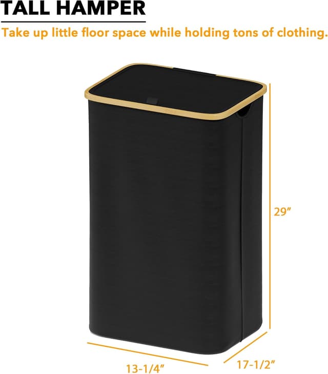 Detalle de SpaceAid 110L Collapsible Laundry Hamper with Lid and Bamboo Handles, Tall 4-Rod Frame for Bedroom, Bathroom, Dorm, Laundry Room (Black)