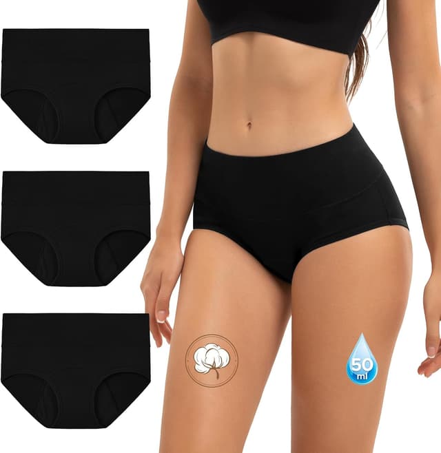 Detalle de INNERSY Culotte menstruelle à flux abondant taille haute, lot de 3 (coton lavable, 50 ml)