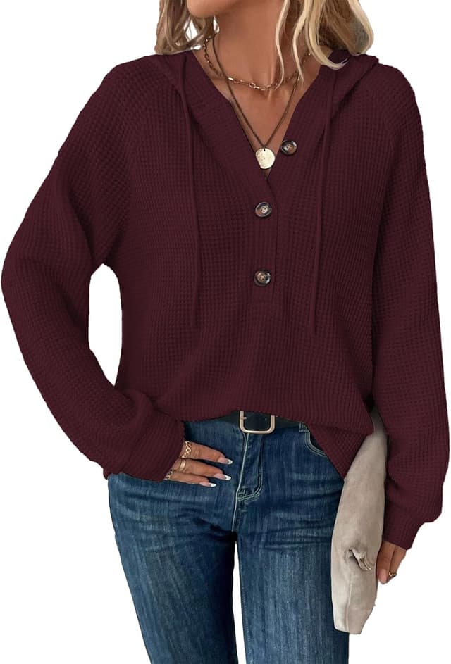 Detalle de SENBATU sweat à capuche femme à manches longues, col en V boutonné et cordon