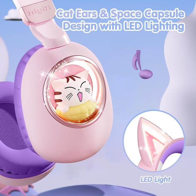 Detalle de sunvito Kinder Bluetooth-Kopfhörer 5.4 mit LED „Katzenohr“-Design, faltbar & 3,5-mm-Kabel