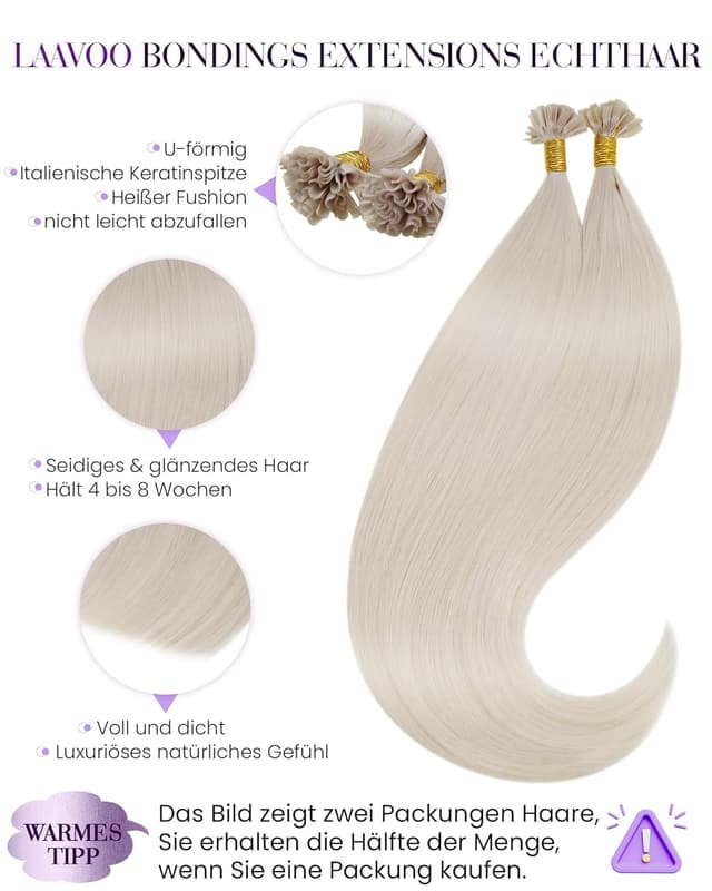 Detalle 2 de LaaVoo Echthaar Bonding Extensions mit Keratin-Bondings – Platinblond, #60, 55 cm (50 g/50 S)