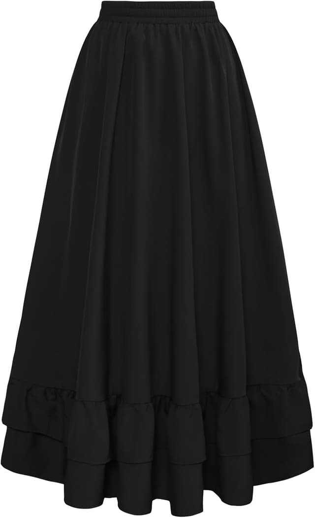 Detalle de SCARLET DARKNESS Jupe longue médiévale seampunk à taille haute, double couche à volants (noir) – L