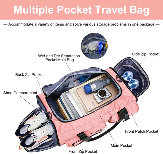 Detalle de Flintronic 65L borsa da viaggio impermeabile leggera con tracolla (rosa) – fine settimana e palestra