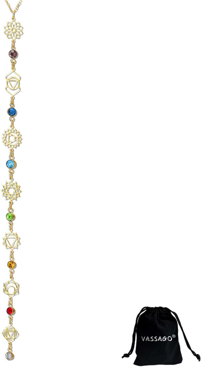 Detalle de VASSAGO 7 Chakra Halskette aus Edelstahl – lange Y-Kette mit verstellbarem Lariat-Anhänger für Damen
