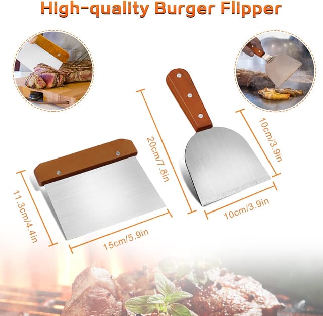 Detalle de MAIKEHIGH lot d’accessoires pour plancha 8 pièces en inox (spatules, tourne-hamburger, pinces, bouteilles et brosse)