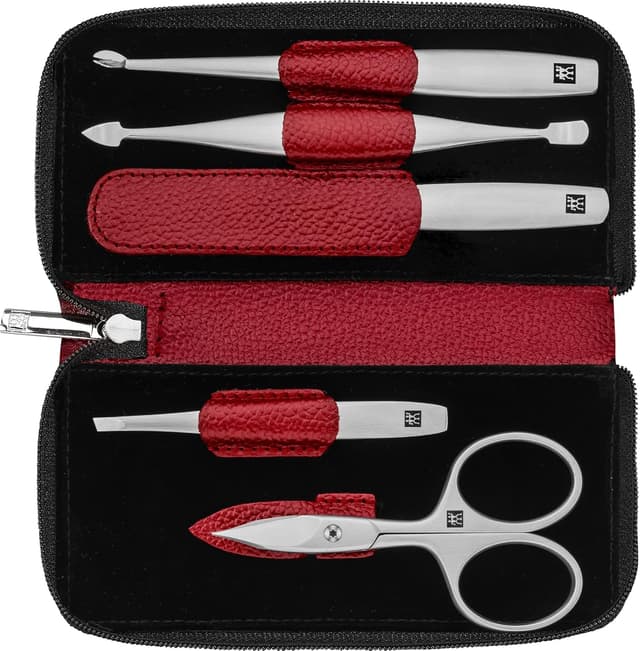 Detalle de ZWILLING Maniküre-Set Premium 5-teilig mit Kombi-Nagelschere im Echtleder-Etui (Rot)